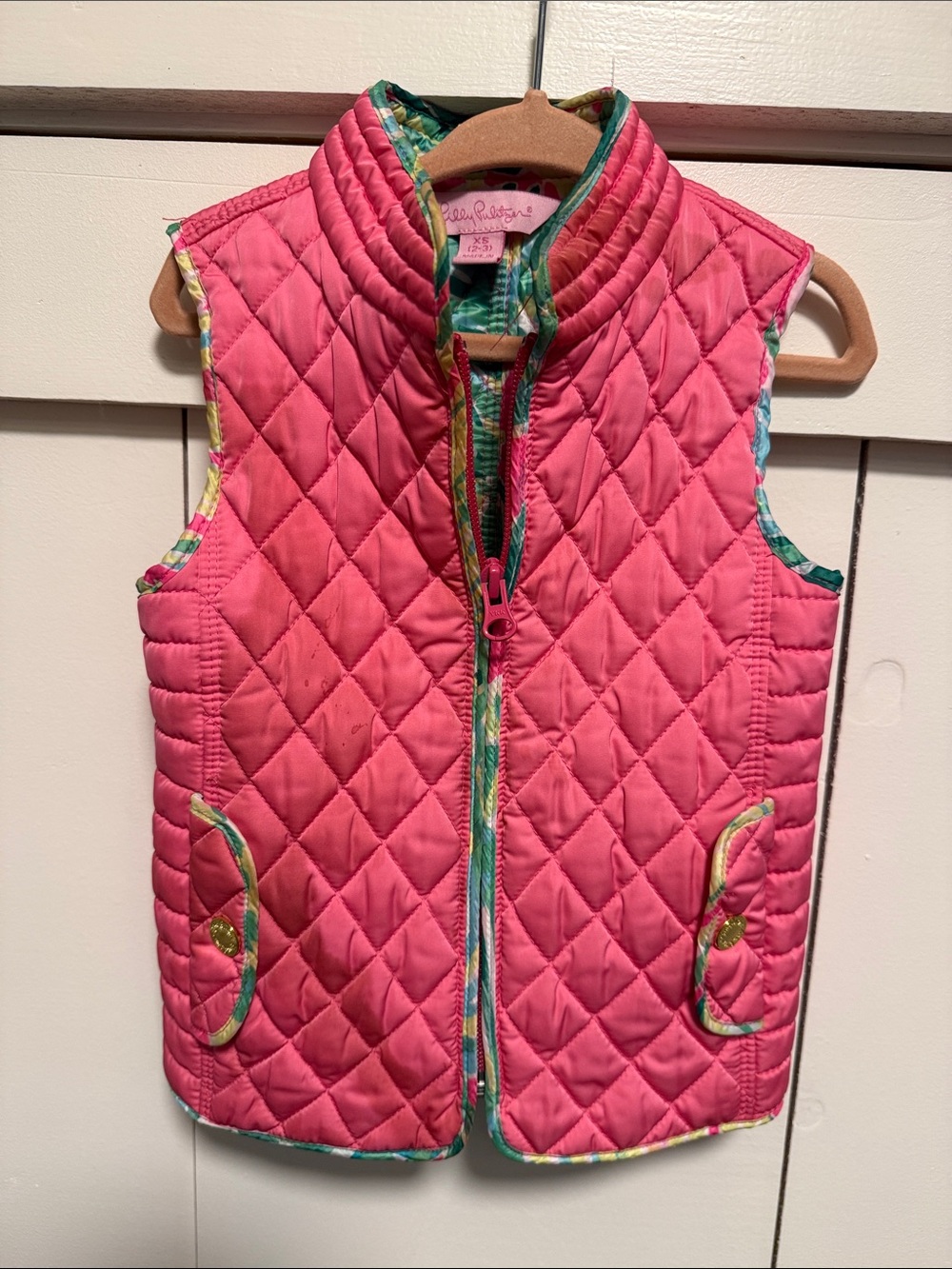 Lilly Pulitzer Coral Pink Quilted Girls' Vest with Printed Trim